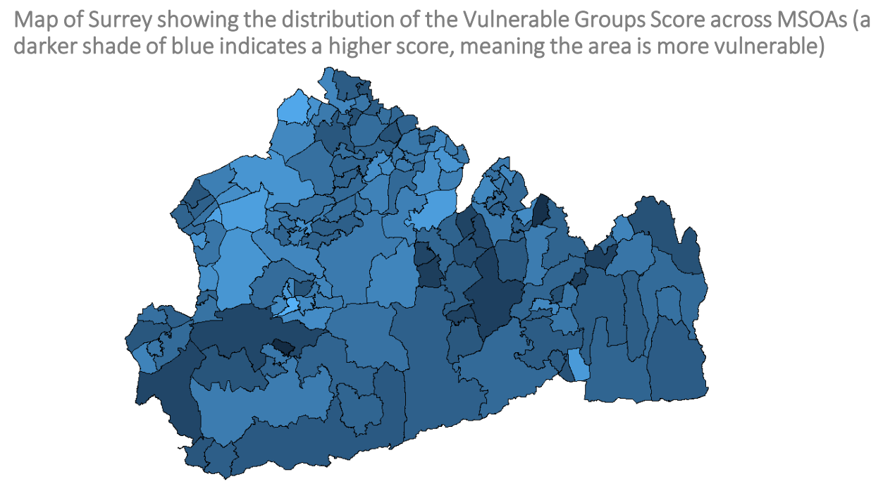 Map of Surrey showing MSOAs and the distribution of vulnerable groups score at that level.