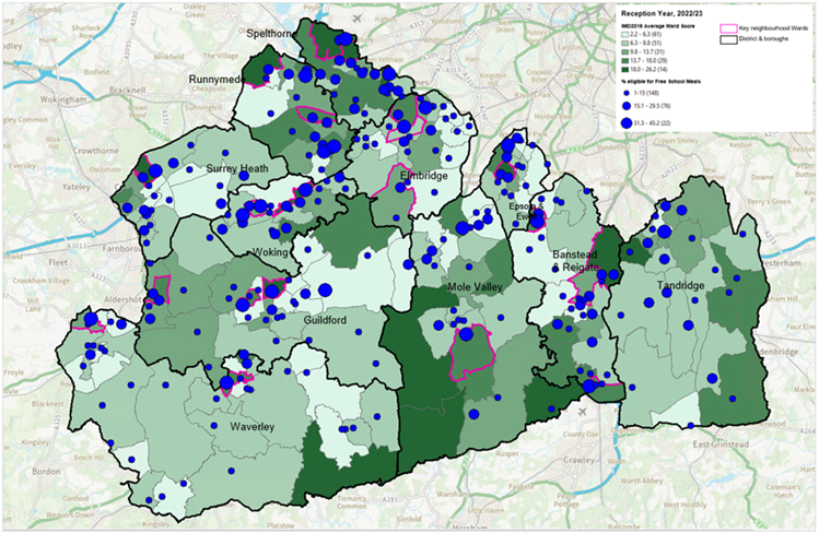 Map of Surrey showing reception children eligible for free school meals compared to deprivation at ward level. Areas of higher deprivation often have a higher proportion eligible for free school meals. The Surrey key neighbourhoods are highlighted. There are 21 key neighbourhoods in Surrey representing the wards that have the most deprived pockets within the county. 3 of these wards are in Elmbridge (Walton South, Walton North, Cobham and Downside). 1 is in Epsom and Ewell (Court). 3 are in Guildford (Westborough, Bellfields and Slyfield, Ash Wharf). 1 is in Mole Valley (Dorking South). 4 are in Reigate and Banstead (Tattenham Corner and Preston, Hooley, Merstham and Netherne, Horley Central and South, Redhill West and Wray Common). 2 are in Runnymede (Englefield Green West, Chertsey St Ann’s). 2 are in Spelthorne (Stanwell North, Ashford North and Stanwell South). 1 is in Surrey Heath (Old Dean). 2 are in Waverley (Farnham Heath End, Godalming Central and Ockford). 2 are in Woking (Canalside, Goldsworth Park).
