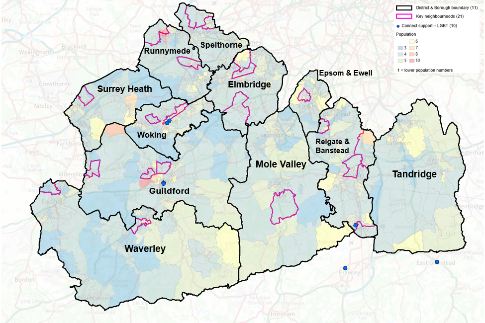 Map showing LSOAs in Surrey and the Connect to Support services available for those who are LGBTQ+