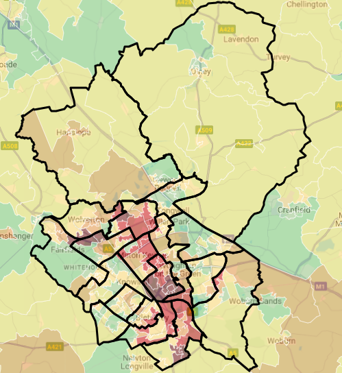 A map which shows the index of multiple deprivation score in Milton Keynes