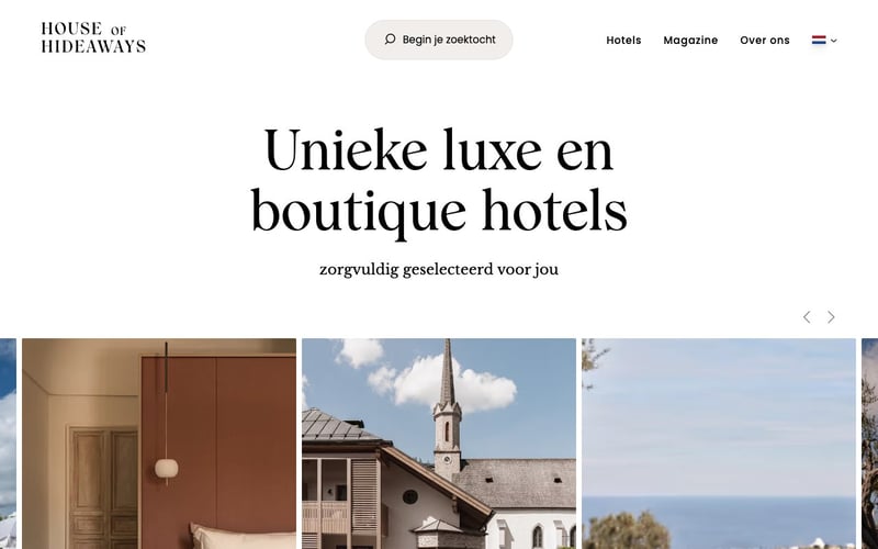 De website van House of Hideaways, een reisplatform voor bijzondere hotels en hideaways