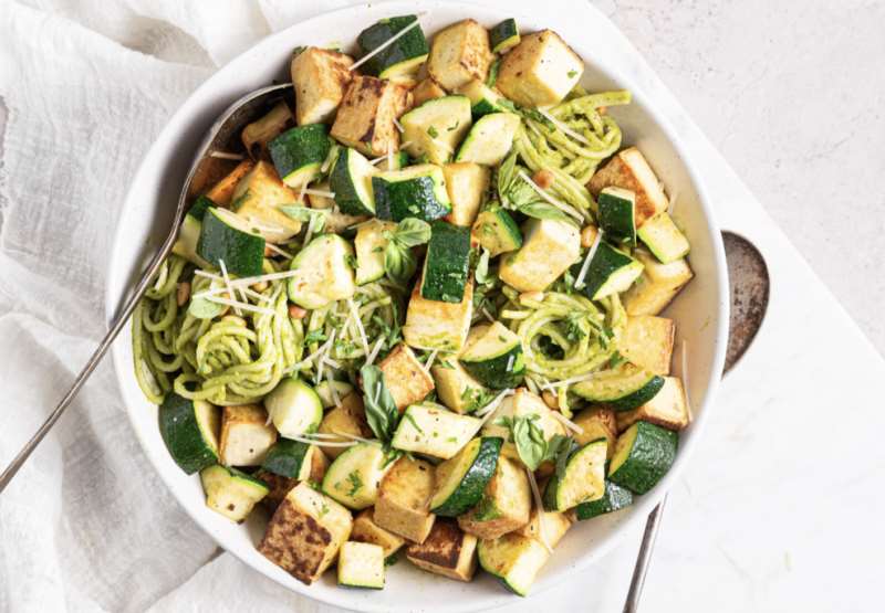 Crispy Tofu Pesto Pasta