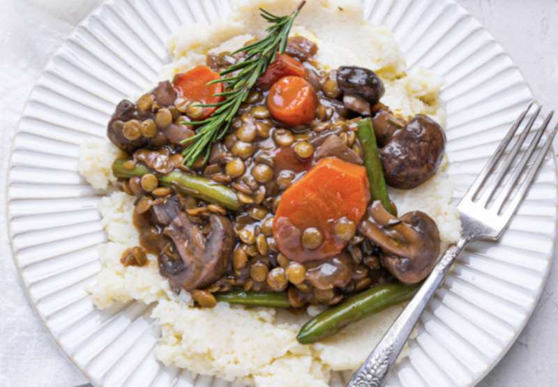 Mushroom Lentil Stew over Cauli Mash