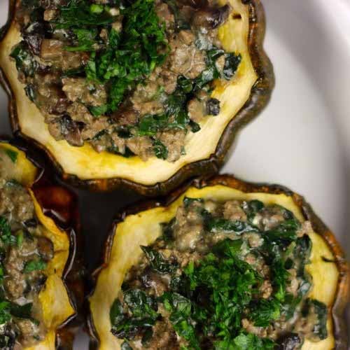 Stuffed Acorn Squash with Sausage, Kale and Mushrooms