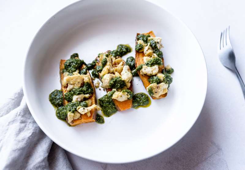 Pesto Scramble on Sweet Potato Toast