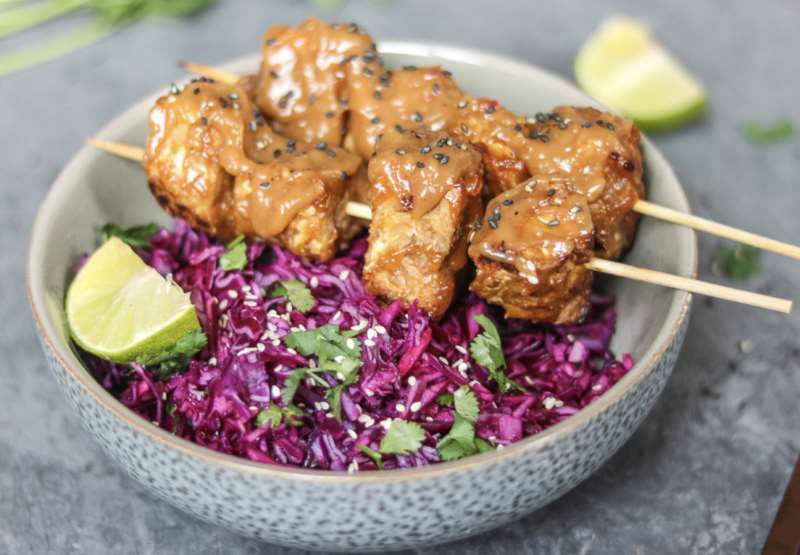 Satay Tempeh Skewers with Sesame Ginger Slaw