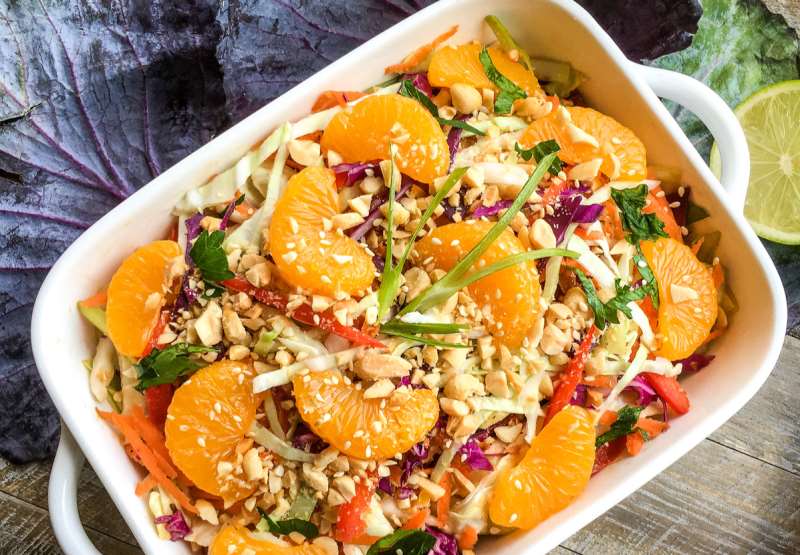 Mandarin Cabbage Salad with Warm Spicy Peanut Dressing