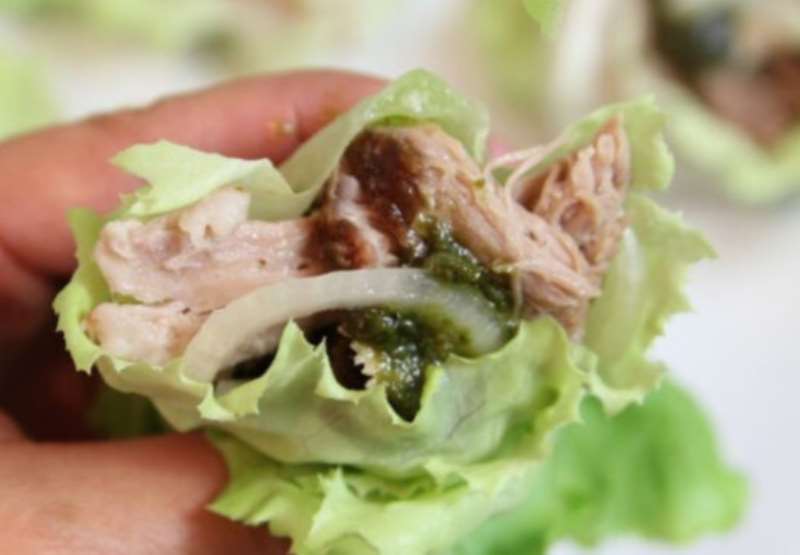 Pulled Pork Lettuce Wraps with Lime Basil Pesto and Pickled Shallots