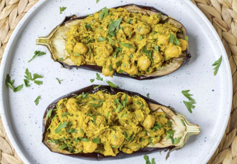 Chickpea and Tahini Stuffed Eggplant