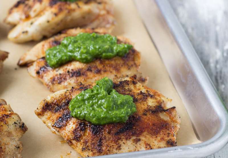 Grilled Barbecue Chicken Thighs with Arugula Pesto