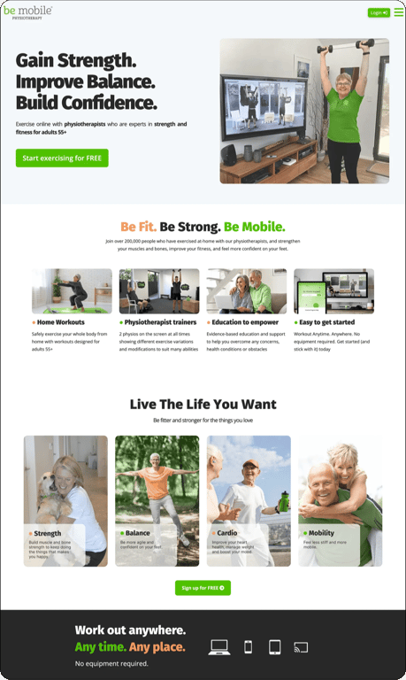 BeMobile Physiotherapy lead generation website — full page screenshot