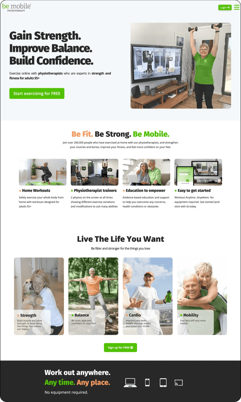 BeMobile Physiotherapy lead generation website — full page screenshot