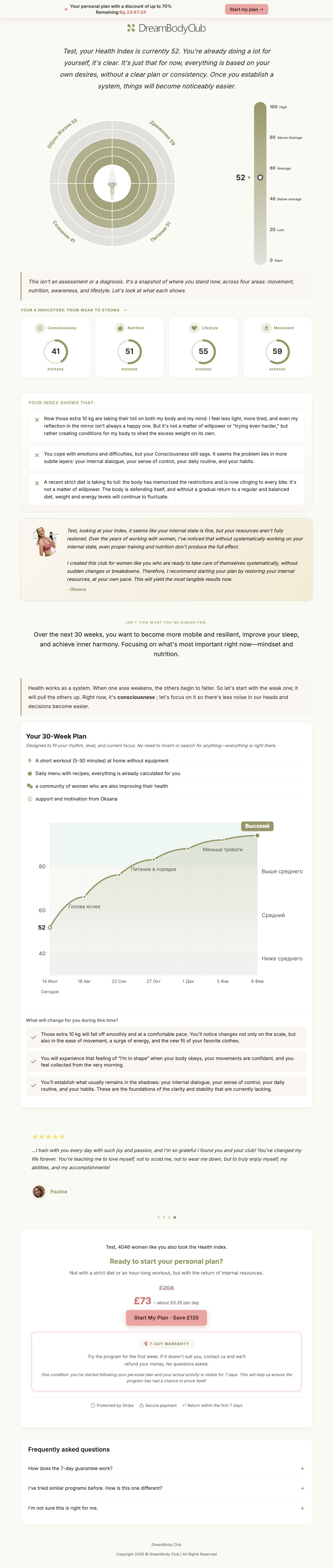DreamBodyClub Health Index results page