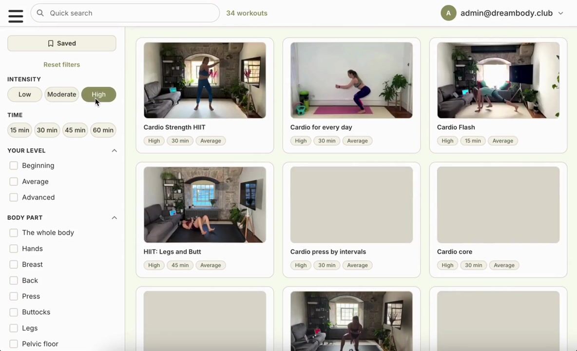 DreamBodyClub workout library filtered by intensity, time, level and body part