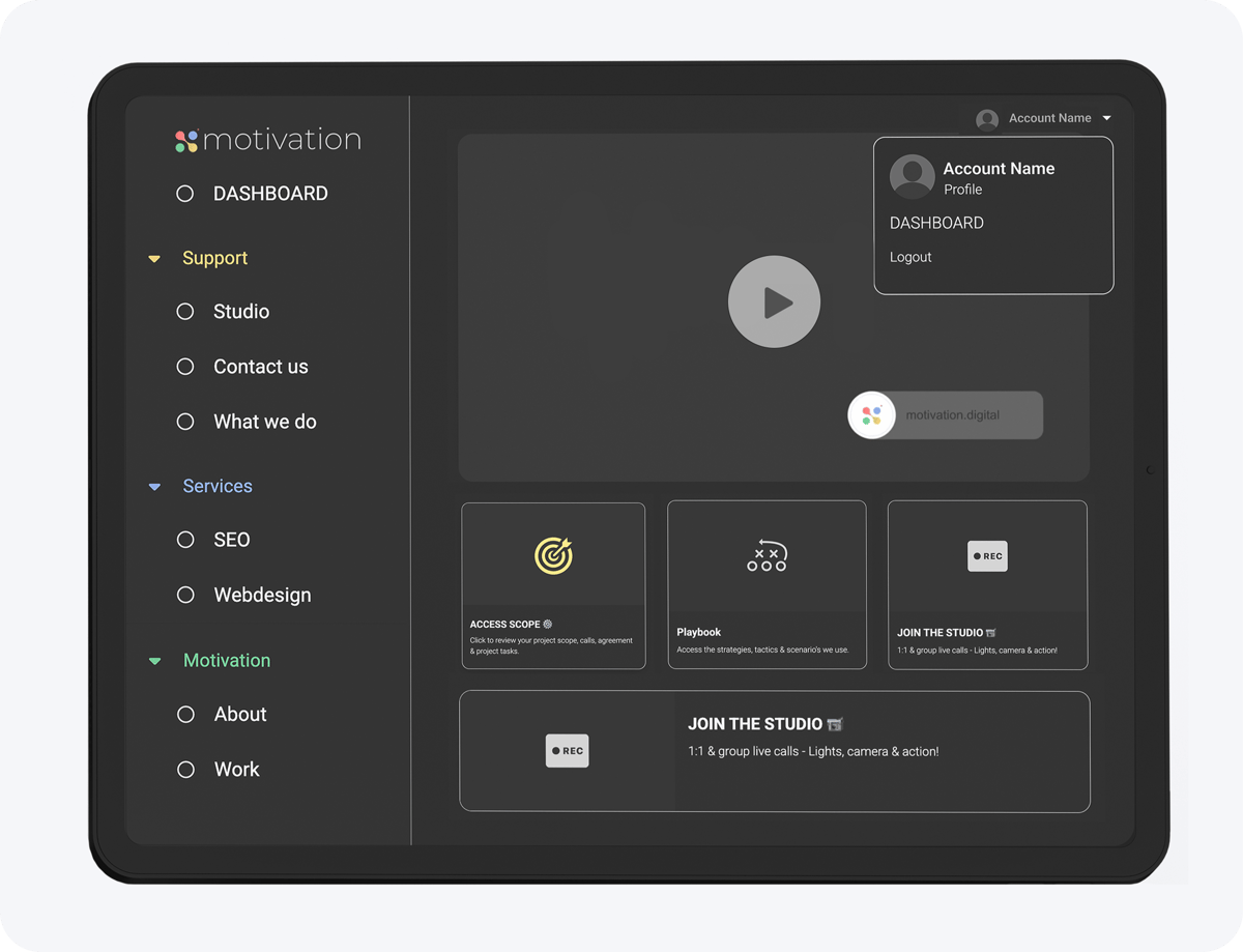 Motivation Digital dashboard interface with service cards and account navigation