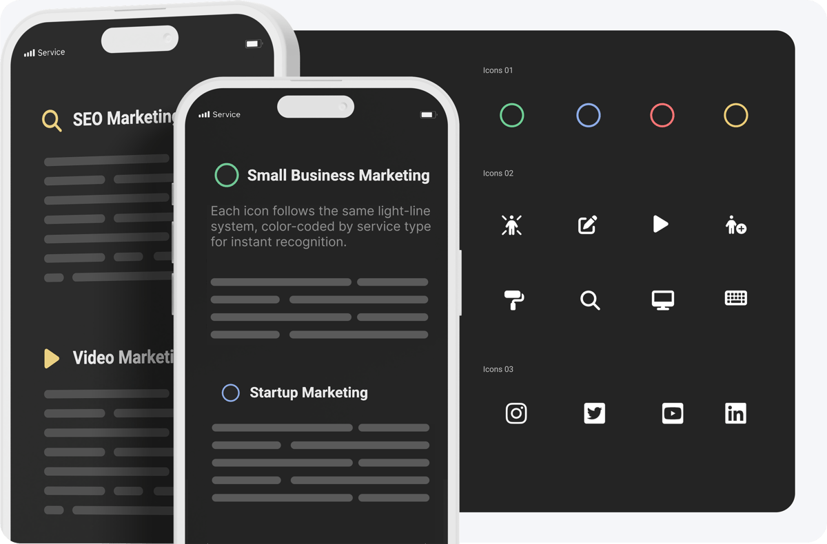 Light-line icon system shown across desktop and mobile interfaces
