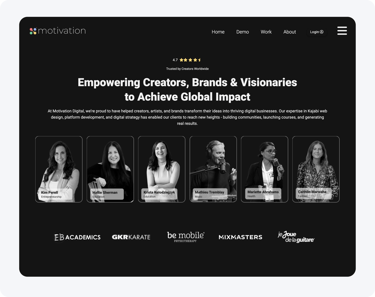 Black-and-white team photography within the Motivation Digital website