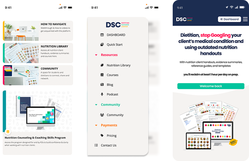 Dietitian Success Center responsive desktop view