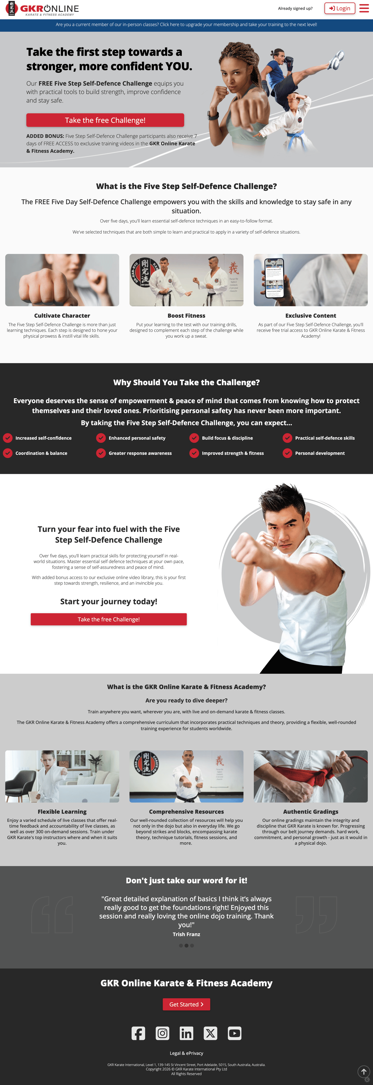 GKR Online desktop homepage and five-step self-defence challenge