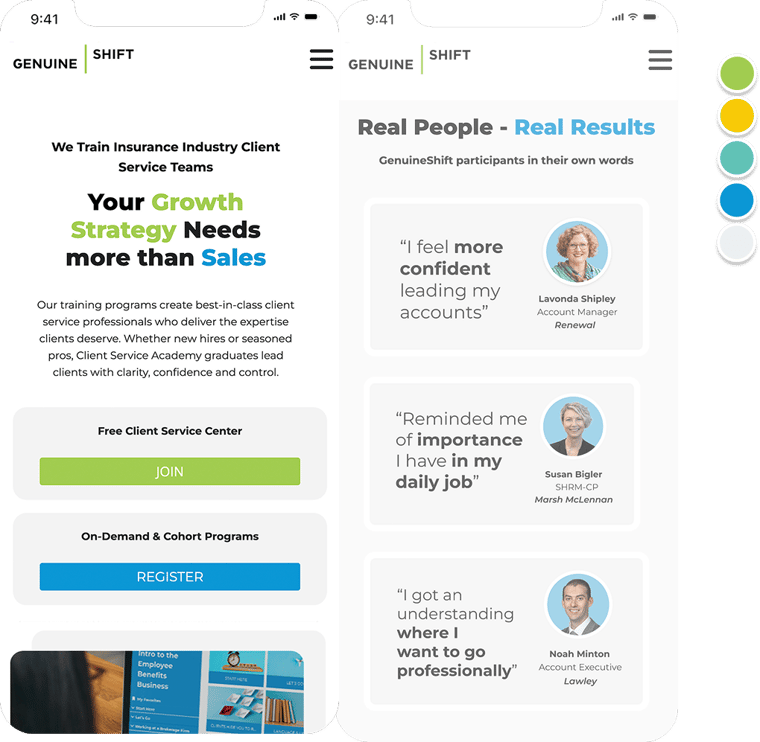 GenuineShift brand identity shown across mobile screens and a five-colour palette
