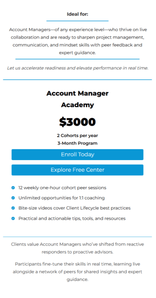 Account Manager Academy cohort pricing card, $3000
