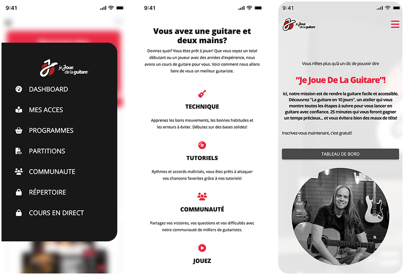 Three responsive JeJoueDeLaGuitare mobile page designs