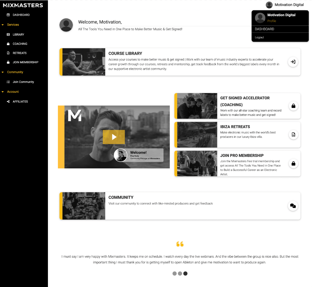 Mixmasters member portal dashboard