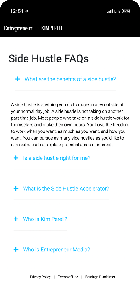 Side Hustle Accelerator FAQ screen