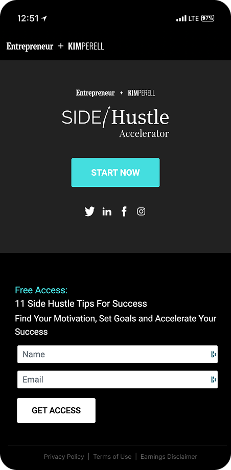 Side Hustle Accelerator signup screen