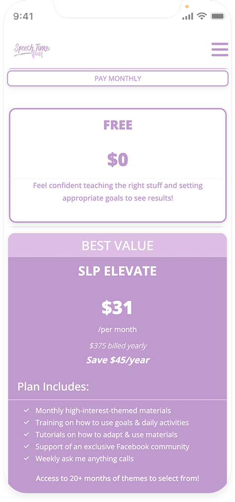 SpeechTimeFun pricing page on a phone