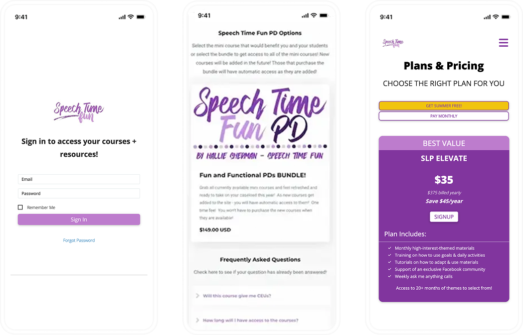 SpeechTimeFun responsive login, professional development, and pricing screens