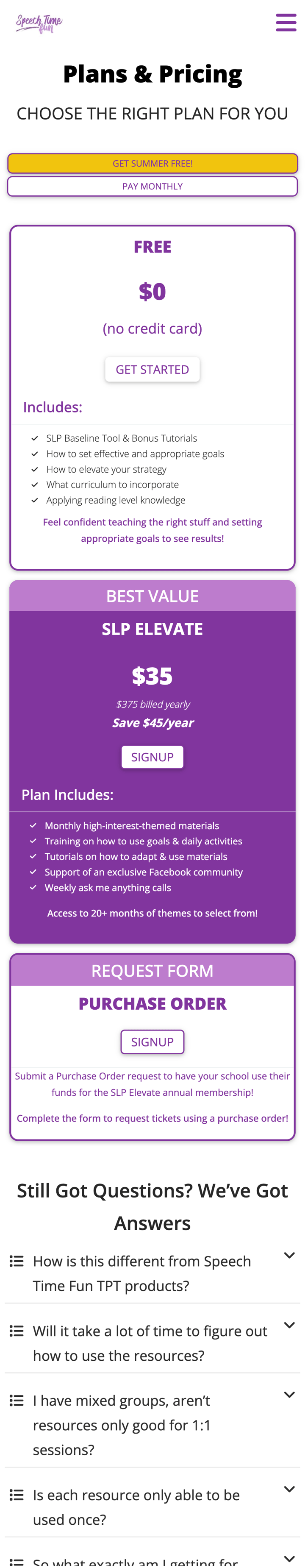 SpeechTimeFun mobile pricing page, shown as a full-page scrolling capture