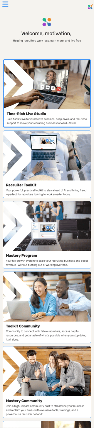 Time-Rich Recruiter member dashboard on mobile