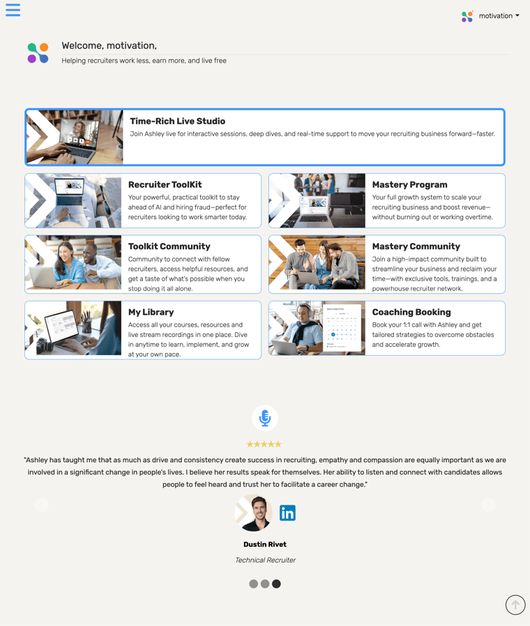 Time-Rich Recruiter member dashboard