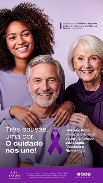 Fevereiro Roxo Campanha de Conscientização sobre Doenças Crônicas como Alzheimer Fibromialgia e Lúpus Story Social Media PSD Editável 1