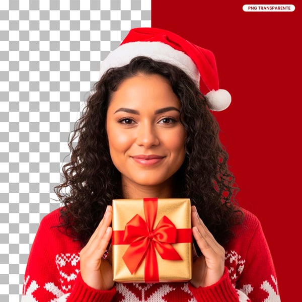 IMAGEM PARA COMPOSIÇÃO MULHER COM ROUPA NATALINA E GORRO DE NATAL NA CABEÇA SEGURANDO UM PRESENTE NAS MÃOS PSD