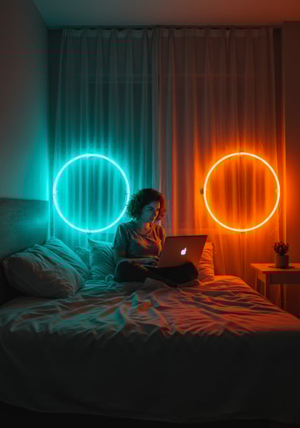 MULHER TRABALHANDO NO LAPTOP NA CAMA COM LUZES NEON CIRCULARES AZUIS E LARANJAS HOME OFFICE NOTURNO E AMBIENTE ACONCHEGANTE
