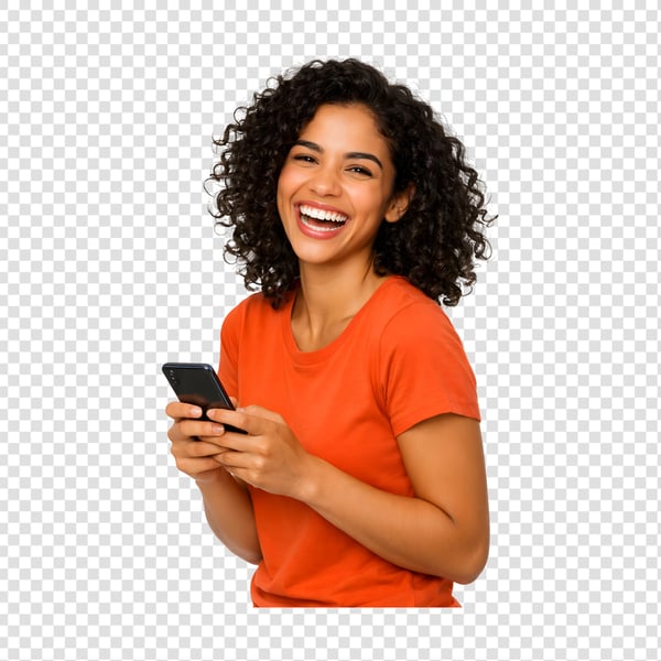 MULHER COM ROUPA LARANJA SEGURANDO UM CELULAR 03