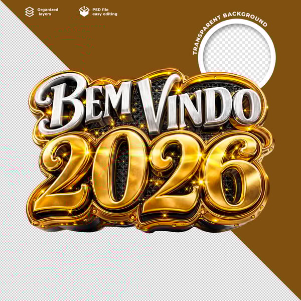 BEM VINDO 2026 3D DOURADO METALICO COM EFEITO GLOSSY E TEXTURA LUXUOSA