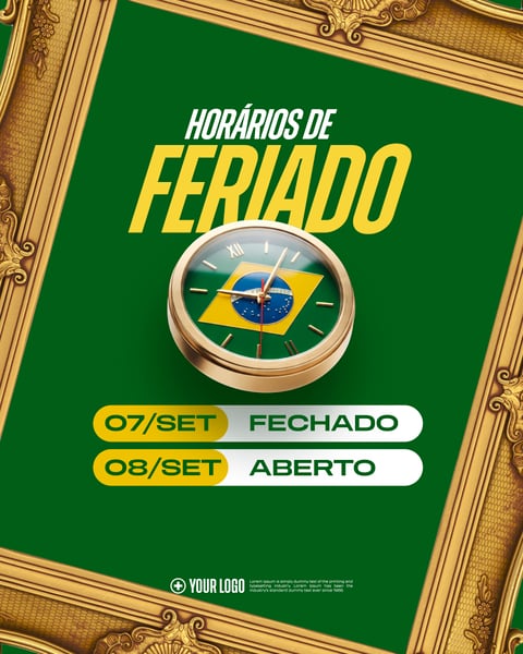 HORÁRIOS DE FERIADO 7 DE SETEMBRO SOCIAL MEDIA FLYER PSD EDITÁVEL
