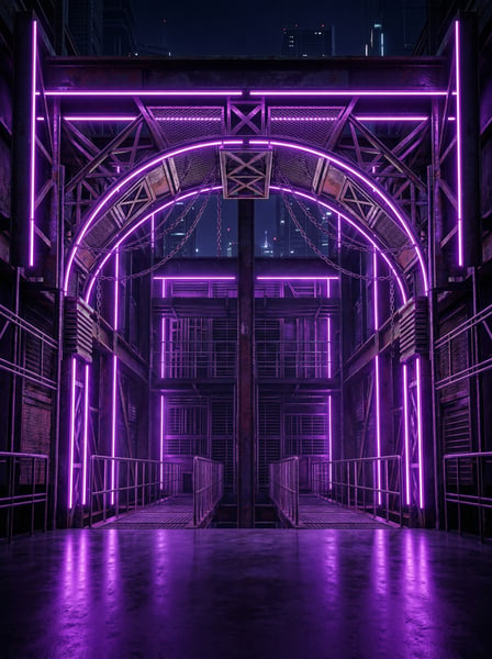 CORREDOR DE ESTRUTURAS METÁLICAS INDUSTRIAIS COM ILUMINAÇÃO NEON ROXA 1