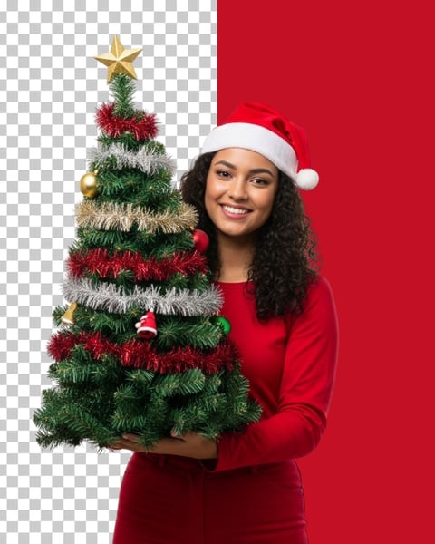 IMAGEM DE MULHER BRASILEIRA COM ROUPA NATALINA SEGURANDO NAS MÃOS ÁRVORE DE NATAL PNG TRANSPARENTE
