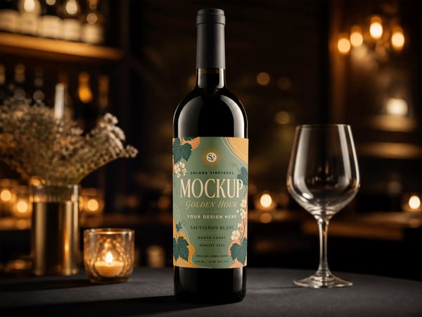 GARRAFA DE VINHO MOCKUP SOBRE MESA TACAS AO LADO
