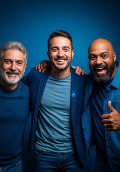 TRS HOMENS SORRINDO E DIVERSOS COM FITA AZUL AMIGOS FELIZES PROMOVENDO SAÚDE MASCULINA E NOVEMBRO AZUL