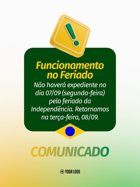COMUNICADO FERIADO 7 DE SETEMBRO SOCIAL MEDIA FLYER PSD EDITÁVEL