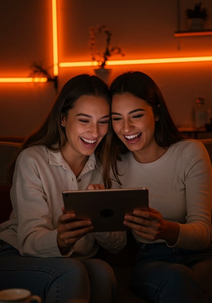 AMIGAS JOVENS FELIZES RINDO JUNTAS ASSISTINDO VÍDEO NO TABLET EM CASA NOITE
