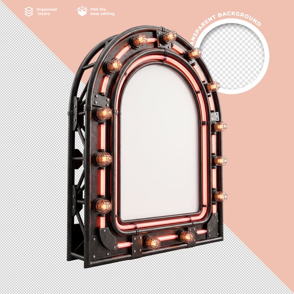 ESPELHO ARQUEADO 3D COM LUZES NEON DOURADO LUXUOSO MODERNO PARA DECORAÇÃO PREMIUM