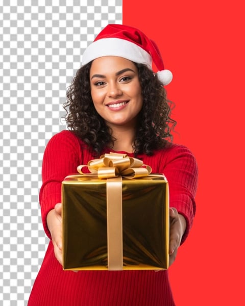 IMAGEM PARA COMPOSIÇÃO MULHER COM GORRO DE NATAL ENTREGANDO PRESENTE PNG TRANSPARENTE