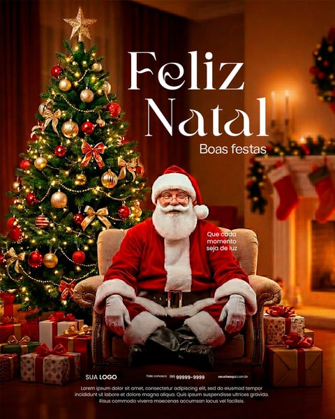Papai Noel Com Árvore De Natal Decorada E Presentes. Celebração Festiva Social Media PSD Editável