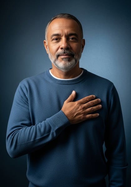 HOMEM DE MEIA IDADE COM BARBA E SUTOR AZUL NO CORAÇÃO EXPRESSANDO SINCERIDADE RESPEITO OU PATRIOTISMO EM ESTÁDIO